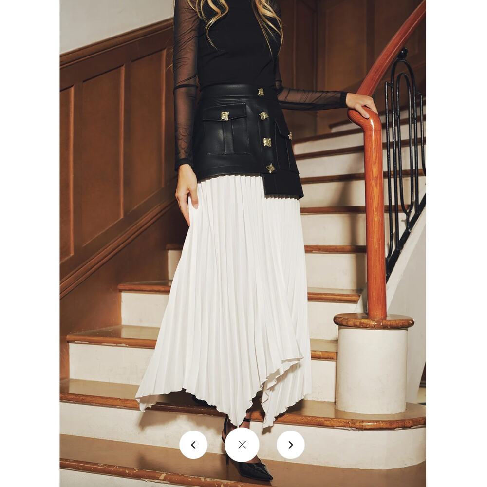 Commense Faux Leather Paneled Asymmetric Pleated Maxi Skirt Sz L - Picture 2 of 6